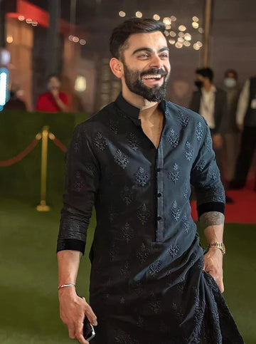 Virat Kohli's Style Embroidered Black Wedding Kurta