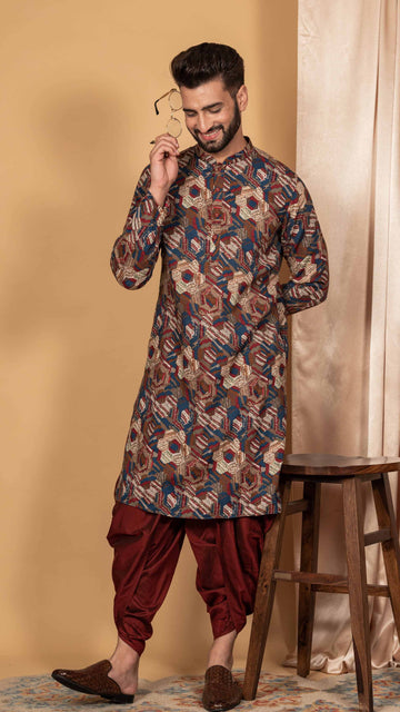 Men Multi Color Flower Printed Kurta