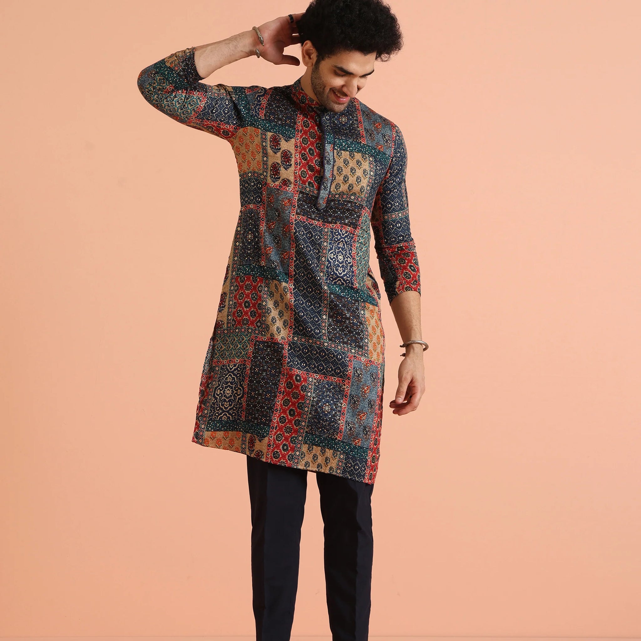 Men Navy Blue Printed Kurta