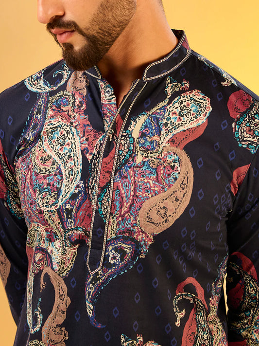 Men Black Printed Party Wear Kurta