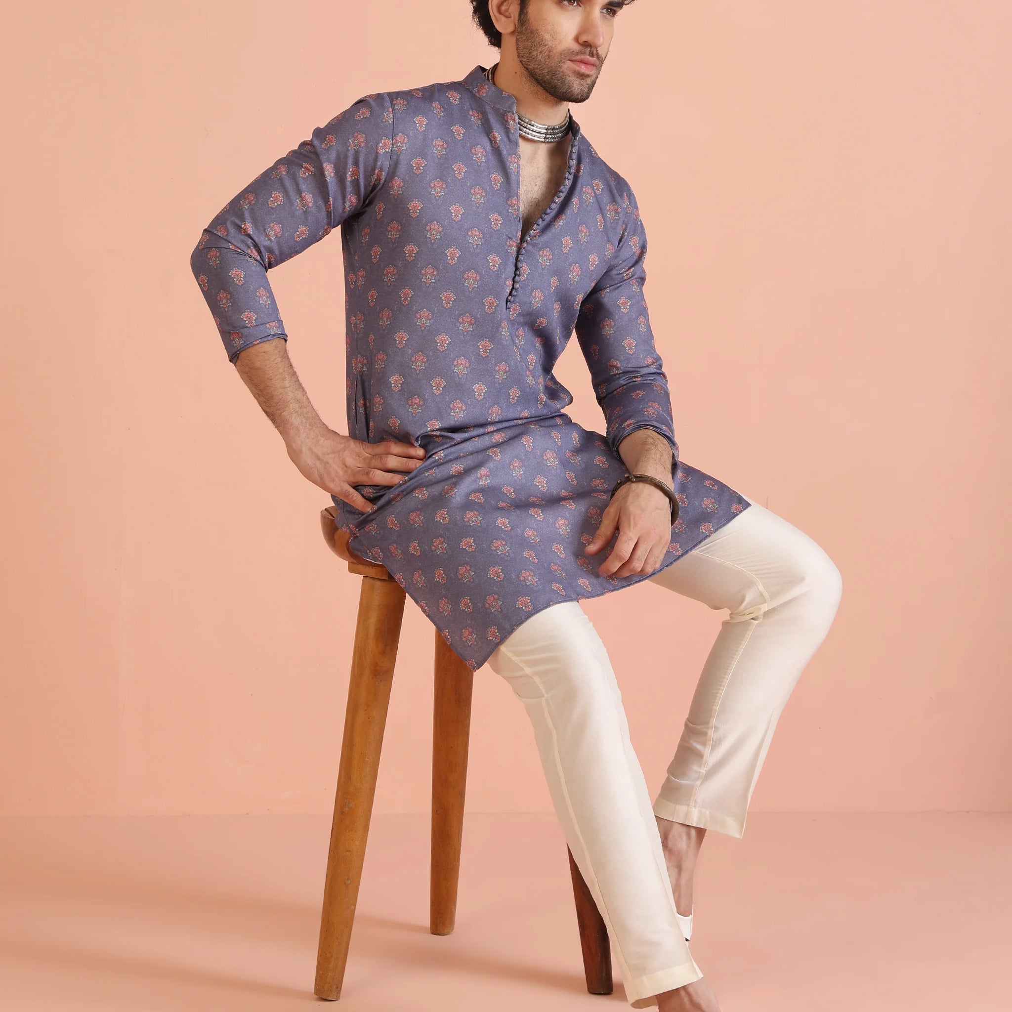 Men Grey Digital Print Men's Kurta