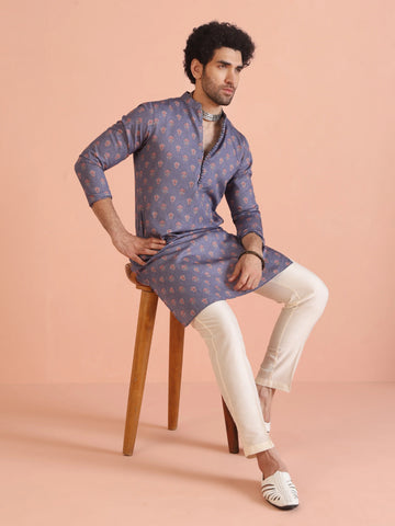 Men Grey Digital Print Men's Kurta