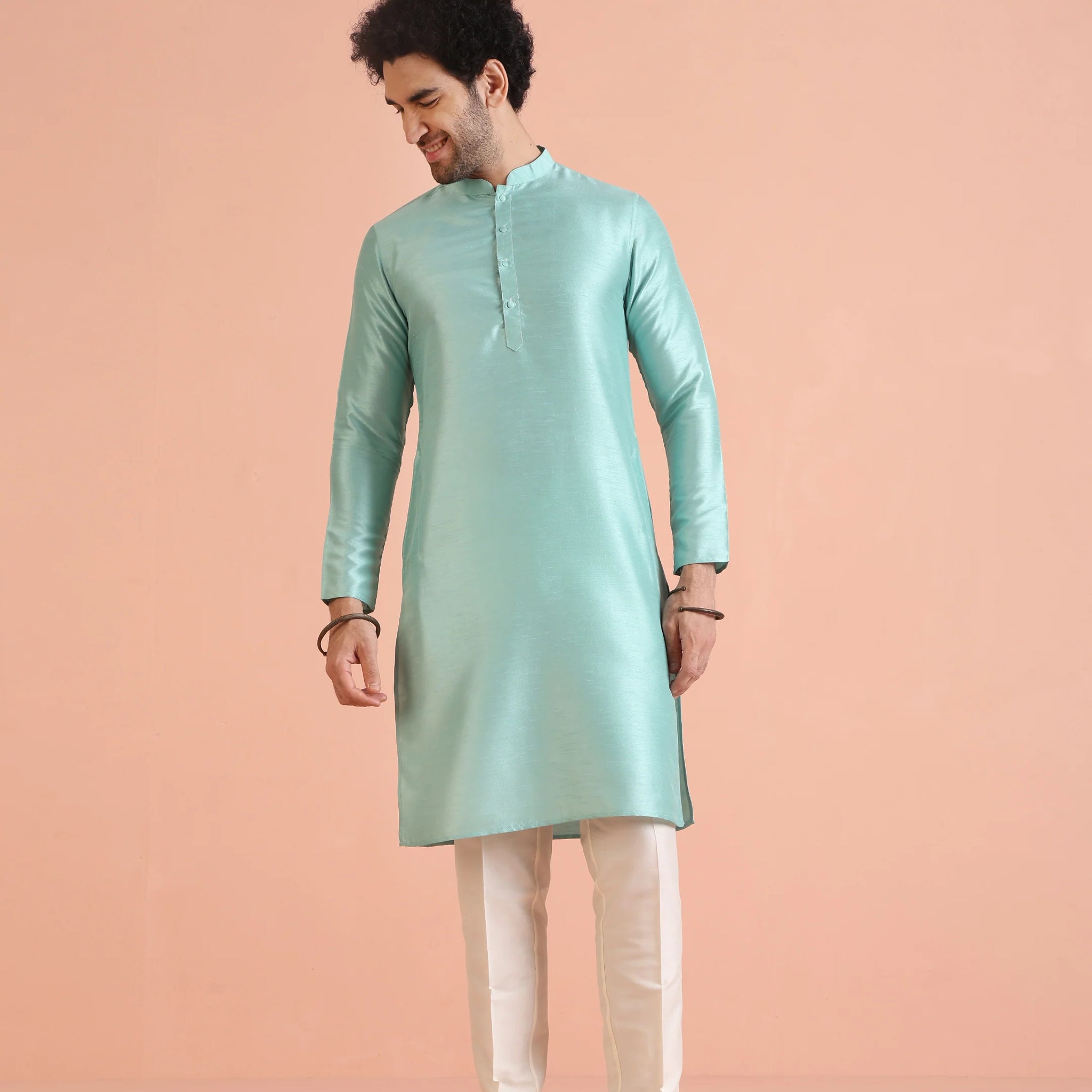 Men Green Plain Kurta