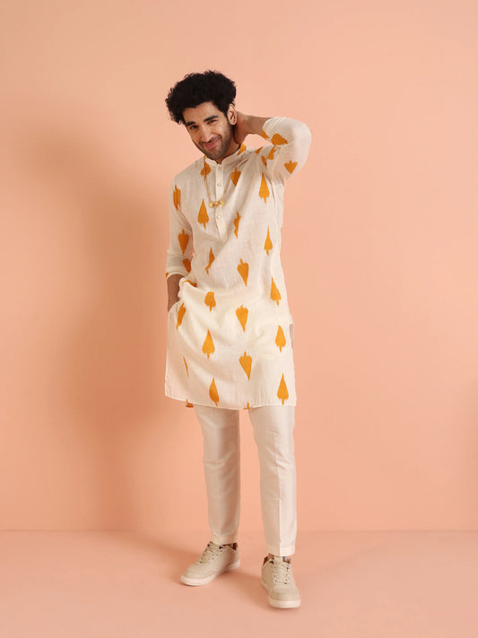 Men Yellow White Printed Haldi Kurta