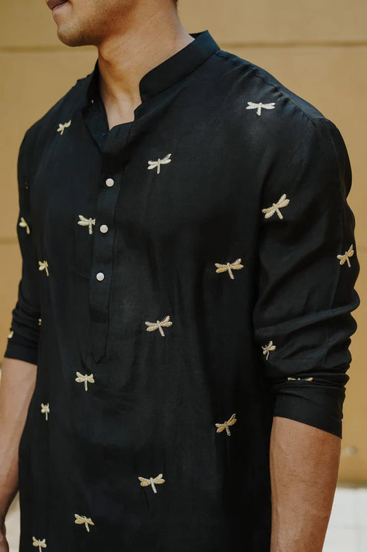 Black Dragonfly Embroidery Worked Wedding Kurta