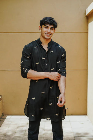 Black Dragonfly Embroidery Worked Wedding Kurta