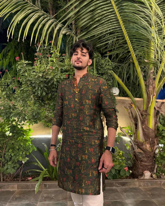 Olive Green Silk Printed Festive Kurta